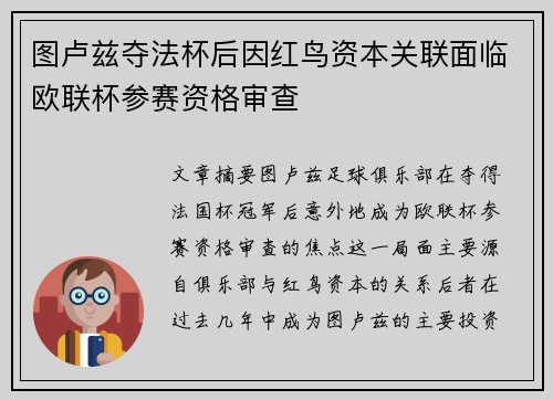 图卢兹夺法杯后因红鸟资本关联面临欧联杯参赛资格审查 图卢兹夺法杯后因红鸟资本关联面临欧联杯参赛资格审查