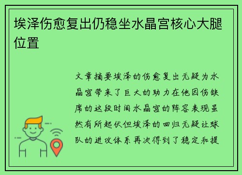 埃泽伤愈复出仍稳坐水晶宫核心大腿位置